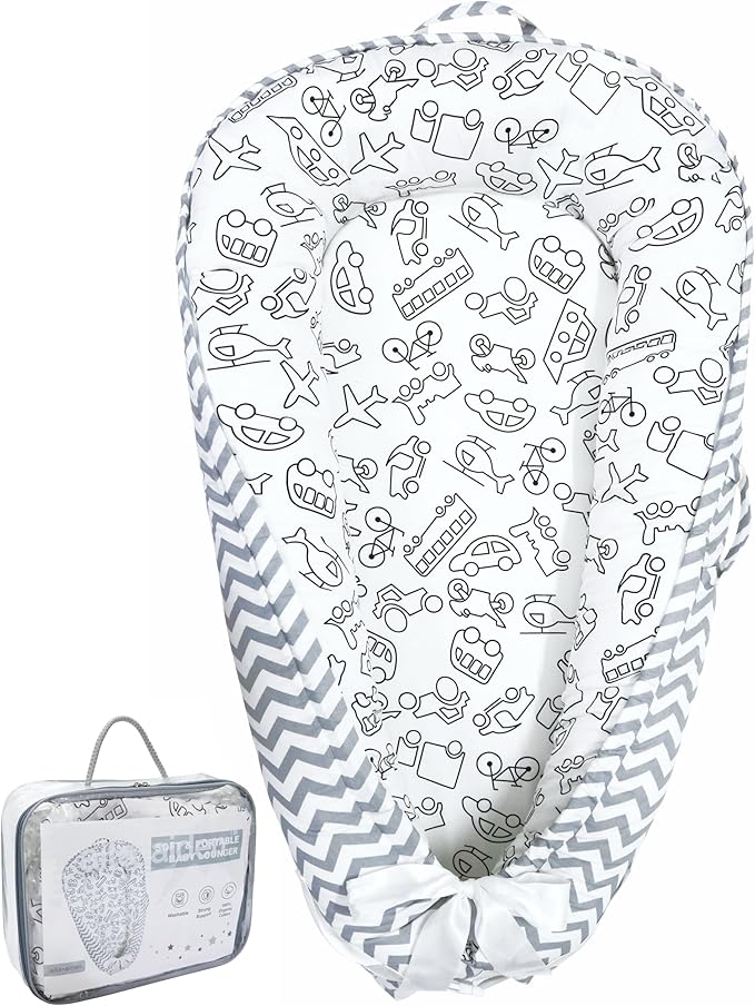 Baby Lounger | Organic Cotton Infant Lounger | Reversible, Adjustable & Portable Floor Lounger |Supervised Use | Soft, Breathable, Washable Cover - Star Collection (Travel Gray)