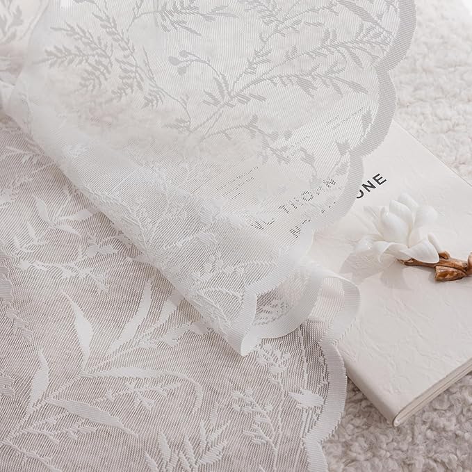 Anmao Vintage Lace Kitchen Curtains 36 Inches Long 2 Panels, Romantic Semi Sheer Floral Over Sink Lacy Cafe Curtain, Elegant Window Short Small Drapes, 55W x 36L, White Leaf