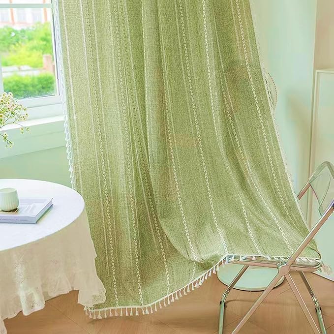 Deeprove Green Boho Curtains 63 Inches Length for Bedroom Cafe Kitchen Closet, Bohemian Chic Textured Embroidery, Vintage Handmade Tassels Christmas Decor Drape, Rod Pocket, 1 Panel W52 x L63