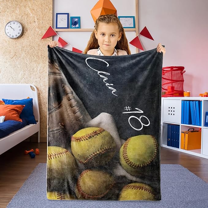 Personalized Baby Softball Bed Blanket: Custom Name and Number Sport Blankets for Toddler Boys Girls Adults Birthday Mothers Fathers Easter (30X40inch)