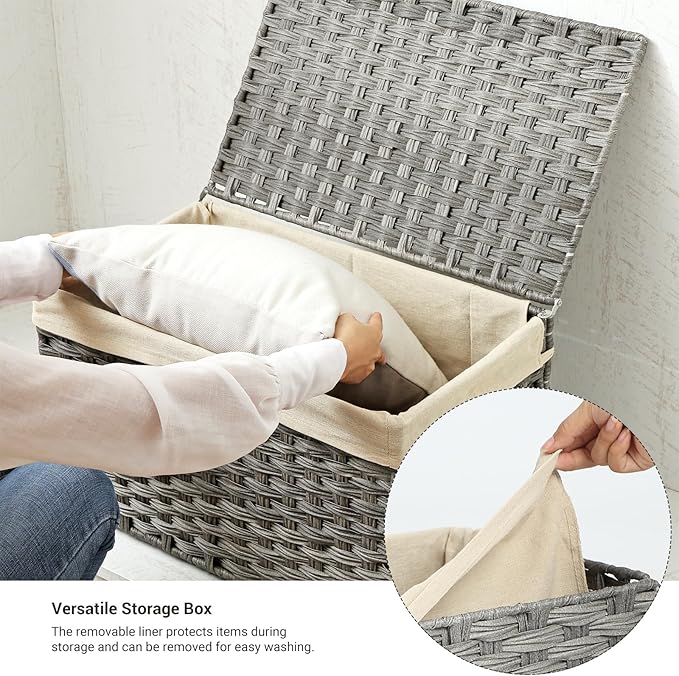 SONGMICS Storage Basket with Lid, 42.3 Gallon (160L) Storage Bin, Woven Blanket Storage Basket with Handles, Foldable, Removable Liner, Metal Frame, for Bedroom, Laundry Room, Gray URST76WG