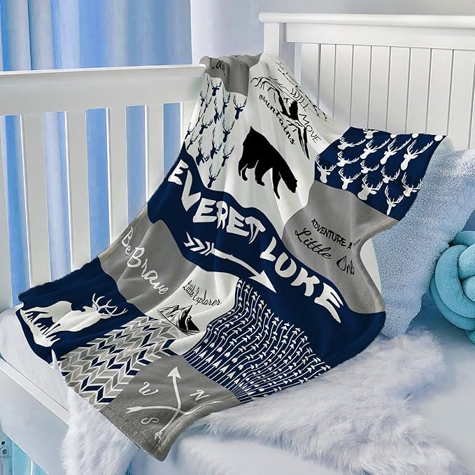 Ship Next Day, Personalized Baby Boy Blanket Gifts, Custom Receiving Blankets for Boys, Woodland Kids Blanket with Name, Customized Newborn Swaddle Blankets, Baby Shower Birthday