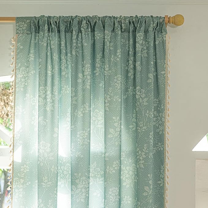 ENJOYBRIDAL Floral Curtains 63 Inch Length Sage Green Farmhouse Drapes Living Room Bedroom Semi Sheer Rod Pocket Window Curtain Panels Short Rustic Boho Retro 2 Panel Sets Window Treatments