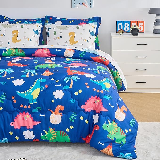 Wajade 7 Piece Kid Boys Dinosaur Comforter Set Full Size 3D Blue Dinosaur Wild Park Jungle Print Bedding Set with Comforter, Sheet Set, Pillowcase and Sham
