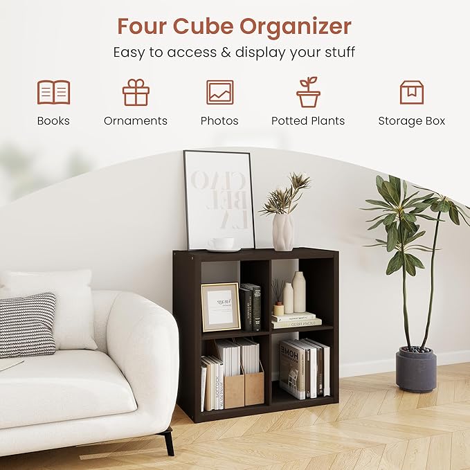 4 Black Cube Storage Organizer, 14.6" x 30" x 30" Wooden Cube Storage Organizer with Four Organized Spaces, 2 x 2 Closet Cubbies for Bedroom, Living Room, Playroom, Dark Brown