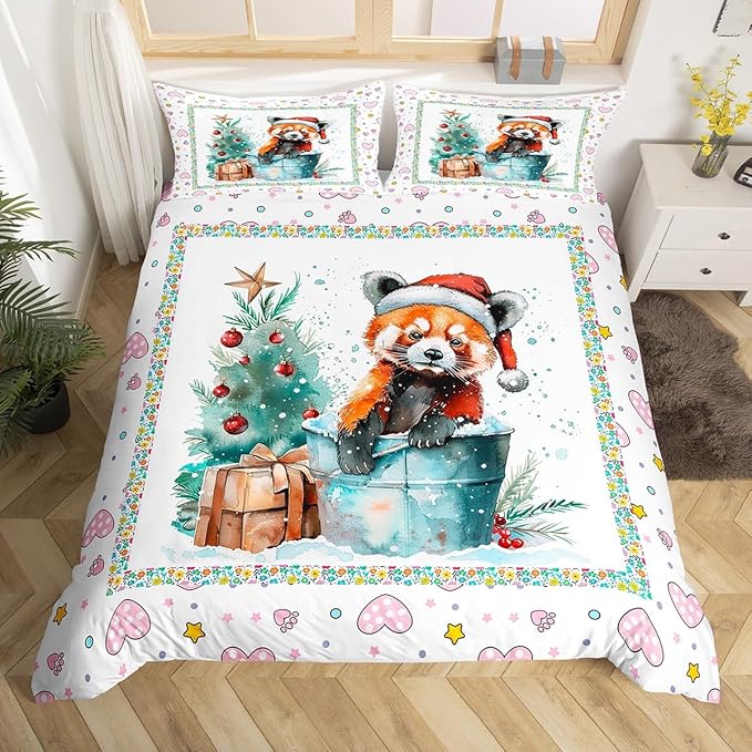 Feelyou Christmas Duvet Cover Set Xmas Tree Bedding Set for Kids Boys Girls Red Panda Love Print Comforter Cover Cute Animal Quilt Cover Room 2Pcs Toddler Size,Zipper,No Comforter