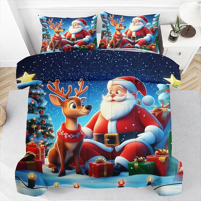 Raphus cucullatus Christmas Bedding Queen,Christmas Comforter Set,Santa Claus Decor Holiday Bedding Winter Quilt,Santa Claus Comforter Set,Snowflake Navidad Quilt Set,Cute Reindeer Quilt