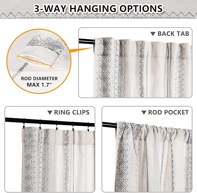 MEETSKY Boho Curtains Geometric Semi-Sheer Cotton Curtains 2 Panels Back Tab Curtains 63 Inches Long Light Filtering Printed Window Drapes for Living Room Home Decorative Drapes for Bedroom