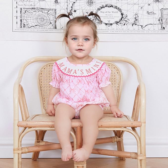 Newborn Baby Girl Romper Mamas Mini Bow Plaid Print Puff Sleeve Smocked Bubble Romper Jumpsuit Bodysuit Clothes