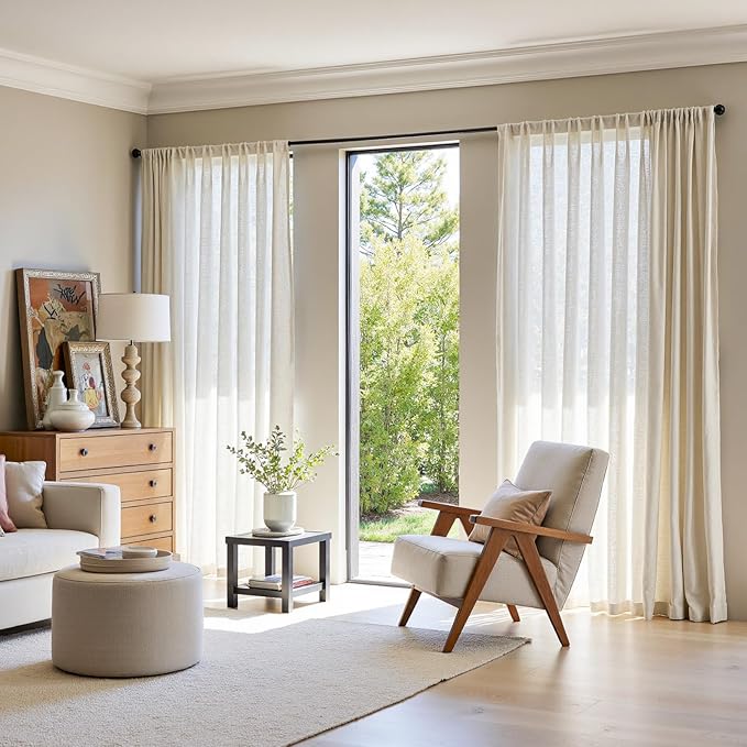 jinchan Beige Linen Blend Curtain 90 Inches Length 1 Panel for Sliding Door, Light Filtering 100 Inches Extra Wide Living Room Natural Drape with Rod Pocket Back Tab (100W x 90L, Ecru)