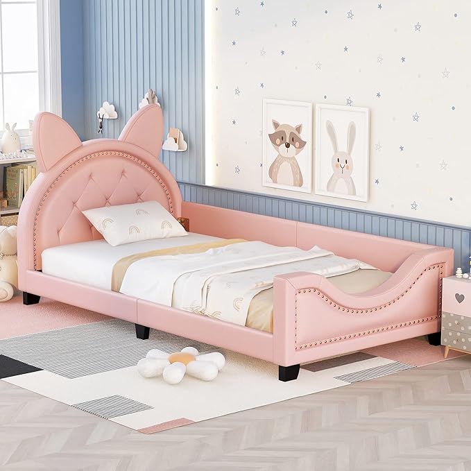Merax Cute Twin Daybed Frame for Kids with Carton Ears Shaped Headboard, PU Leather Sturdy Kids Daybed Upholstered Twin Beds for Girls, Sofa Bed Low Profile Single Bed, Pink
