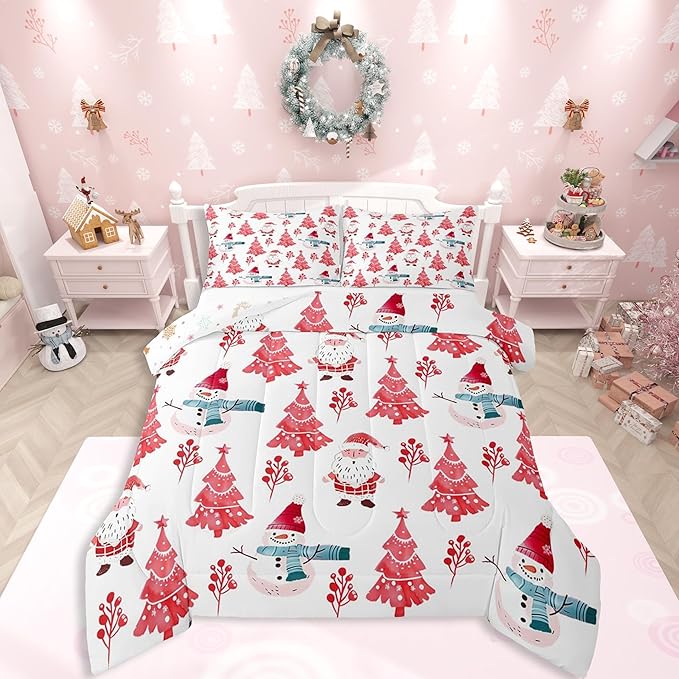 Feelyou Merry Christmas Comforter Set All Season Xmas Tree Snowman Bedding Set with 2 Pillow Cases Santa Claus Microfiber Kids Full Bedclothes Bedroom Decor Duvet Quilt Breathable Soft