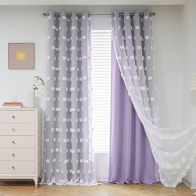 MYSKY HOME Light Blocking Lilac Curtains White Sheer Pom Pom Kids Room Decor Drapes for Living Room 95 Inches Long Double Layer Curtains for Sliding Door Grommet Window Panels Set of 2 52" x 95"