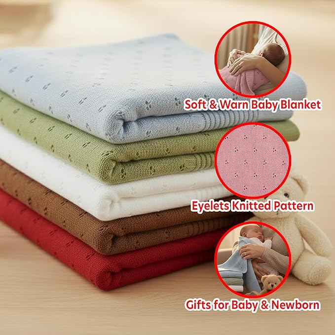 Baby Knit Blanket, 100% Cotton Eyelet Patterns, Soft, Cozy, Lightweight Swaddle for Newborn & Infant Swaddling Beige Neutral, Perfect Baby Shower Ideas Pink 28x36