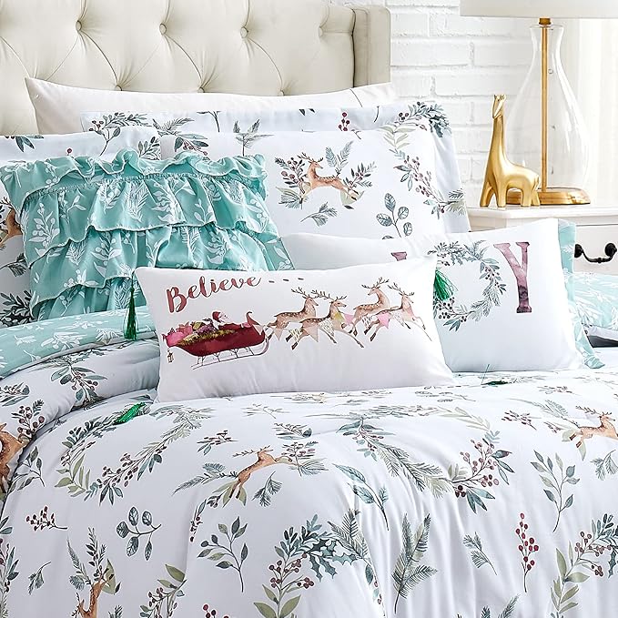 Southshore Fine Living, Inc. 6-Piece Reversible Christmas Bedding Cal King/King, White Christmas Comforter Set King, 2 Shams, 2 Throw Pillows, 1 Throw Plllow Cover, Holiday Bedding - Happy Holidays