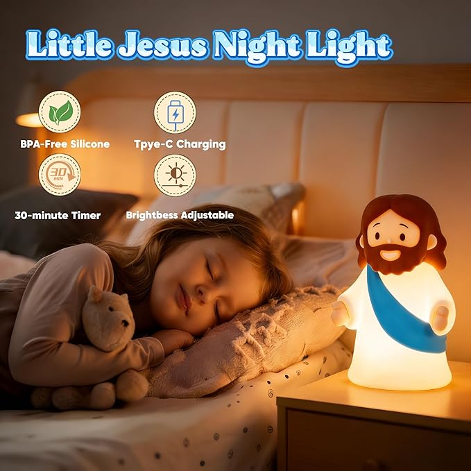 Little Jesus Night Light Mini Jesus Silicone Lamp Dimmable Nursery Nightlight for Kids Rechargeable Bedside Touch Lamp Perfect for Christmas, Easter and Baptism Gifts (Blue)