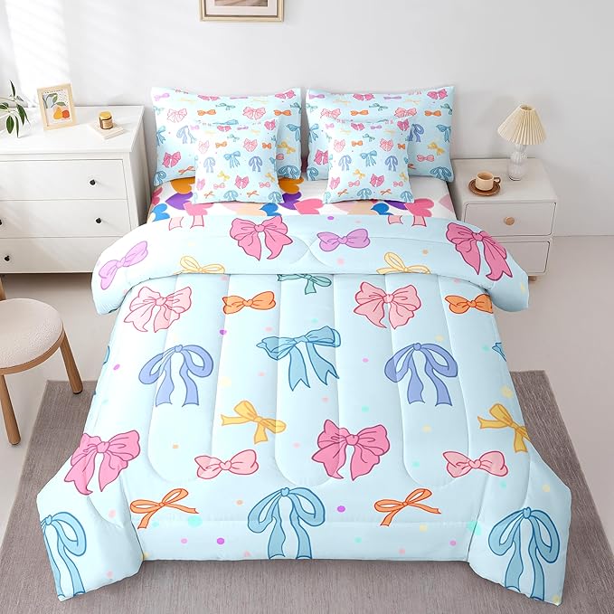 Cartoon Bowknot Kids Comforter King Size,Bow Tie Cute Princess 7 Pcs Bedding Set,Geometric Dot Silk Ribbon Patchwork Room Decor,Pink Blue Dreamy （Fitted+Sheet+2 Pillowcases+2 Throw Pillow Covers）