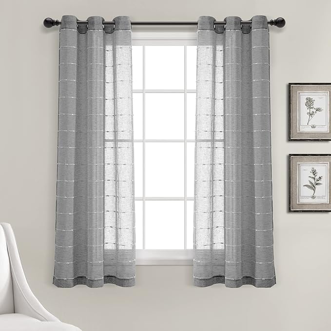 Lush Decor Farmhouse Textured Grommet Sheer Window Curtain Panel Pair, 38"W x 63"L, Dark Gray