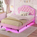 ADORNEVE Twin Size Upholstered LED Bed Frame, Girls Bed with Adjustable Crystal Button Headboard, Velvet Princess Platform Bed for Girls, Solid Wooden Slats, Easy Assembly, Pink
