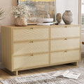 6 Drawer Dresser for Bedroom, 57in Wide Rattan Dresser, Boho Chest of Drawers, Wooden Chest with Clothes Storage Cabinet, Drawer Organizer for Bedroom, Living Room, Hallway, Natural Oak