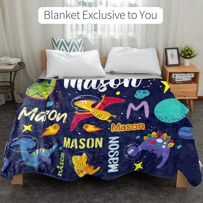 Personalized Dinosaur Blanket for Boys, Custom Name Blanket for Teen Dino Outspace, Soft Flannel Dinosaur Toddler Blanket Customized Gift for Birthday 50"x60"