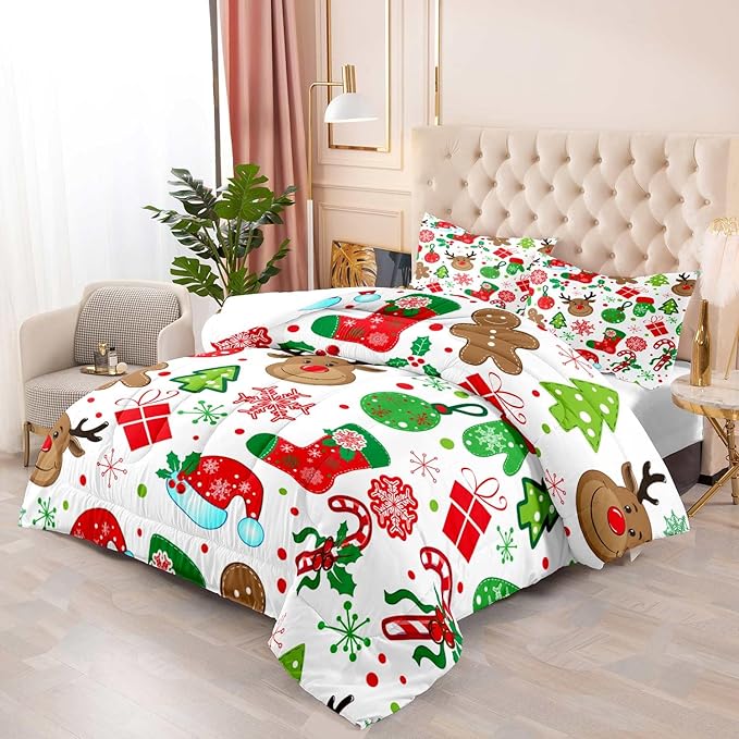 LUVIVIHOME 3PCS Christmas Comforter Set Full Size, Boys Girls Kids Bedding, Cute Reindeer Snowflake Gingerbread Candy Cane Snowflake Holiday Christmas Bedding, Green Red White Quilt, 2 Pillow Shams