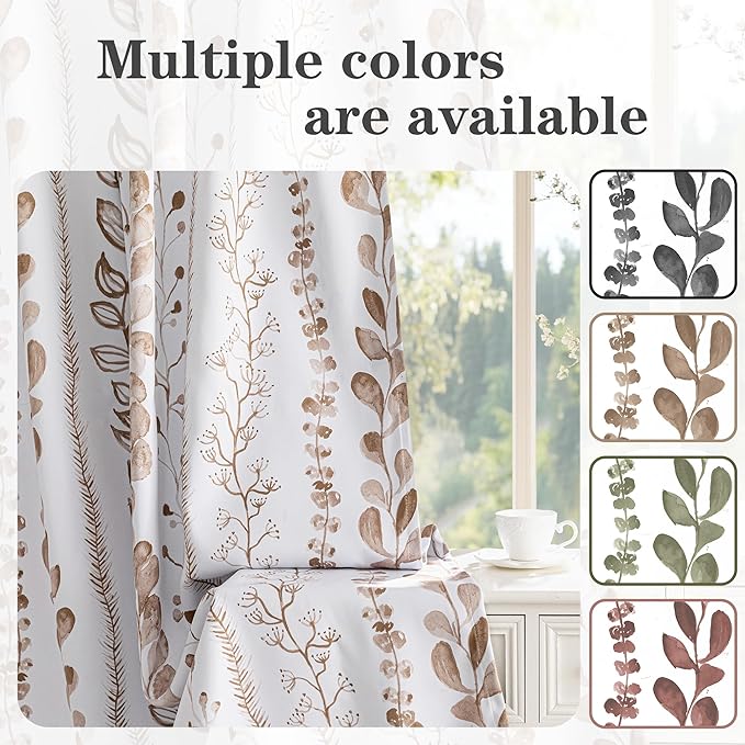 MEETSKY Blackout Curtains 63 Inches Long Leaves Patterned Farmhouse Thermal Insulated Privacy Protection Drapes with Rod Pocket Back Tab for Bedroom Living Room, 2 Panels, 50" Wide, Khaki