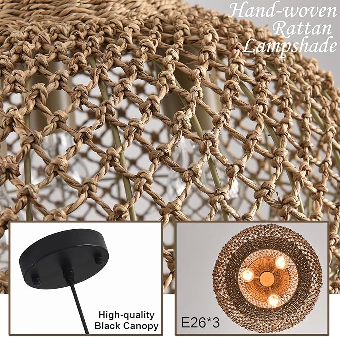 17" Woven Rattan Ceiling Pendant Light Fixture 3-Light Boho Coastal Brown Wicker Hanging Lighting of Kitchen Island Farmhouse Dining Room Entryway Foyer