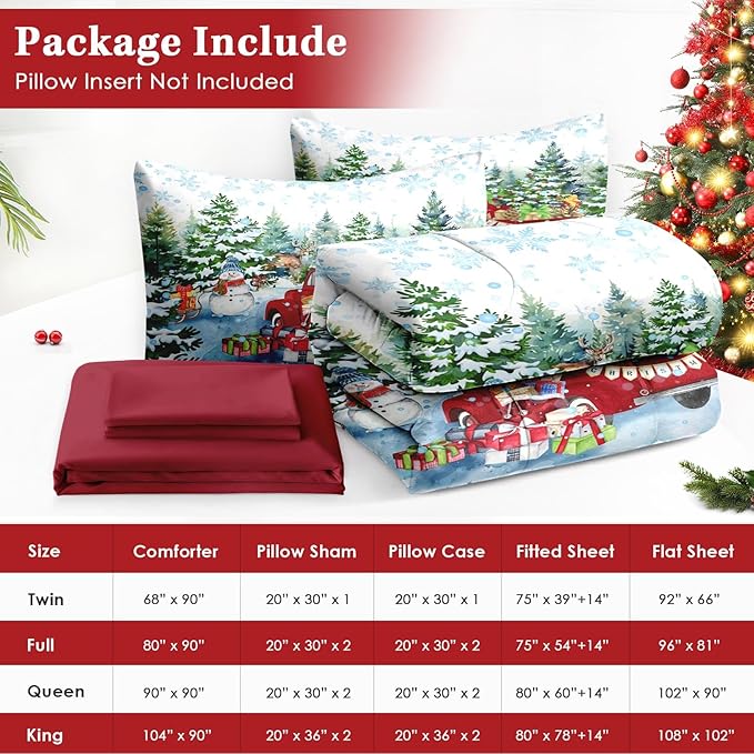 7 Pcs Queen Size Christmas Comforter Set with 2 Pillowcases & 2 Shams, Red Vintage Truck Snowman Bedding for Kids and Adults, Winter Snow Forest Elk Bed in a Bag with Flat Fitted Sheet