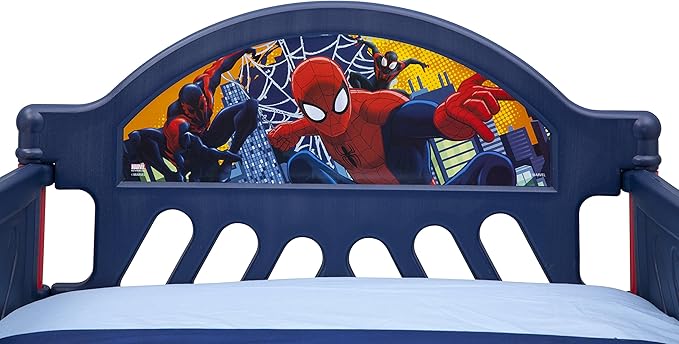 Delta Children Plastic Toddler Bed, Marvel Spider-Man + Delta Children Twinkle Galaxy Dual Sided Recycled Fiber Core Toddler Mattress (Bundle)