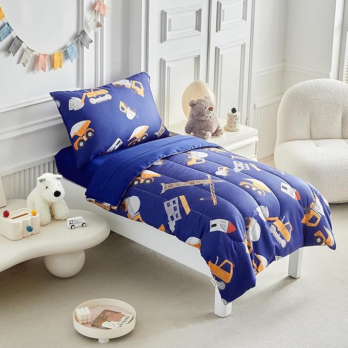 4 Pieces Construction Toddler Bedding Set for Boys Yellow Engineering Vehicle Toddler Bed Set with Bulldozer Tipper Truck Crane Cute Toddler Bed in a Bag with Sheet Set and Pillow Shams - Navy Blue