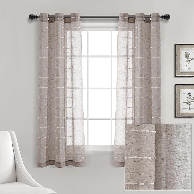 Lush Decor Farmhouse Textured Grommet Sheer Window Curtain Panel Pair, 38"W x 63"L, Brown