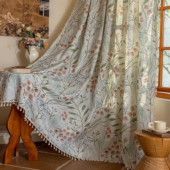 ENJOYBRIDAL Floral Curtains 96 Inches Bedroom Decor Drapes Semi Sheer Rod Pocket Living Room Long Window Curtain Panels Light Filtering Boho 4 Panels Tassel Vintage Window Treatments