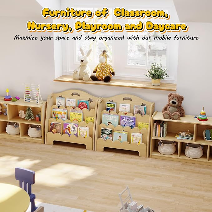 ONBRILL 3-Tier Montessori Wooden Bookshelf for Kids, Toddler Book Rack Toy Organizer and Storage, Small Book Display Stand for Baby, Bookshelves Furniture for Classroom, Nursery, Playroom, Library