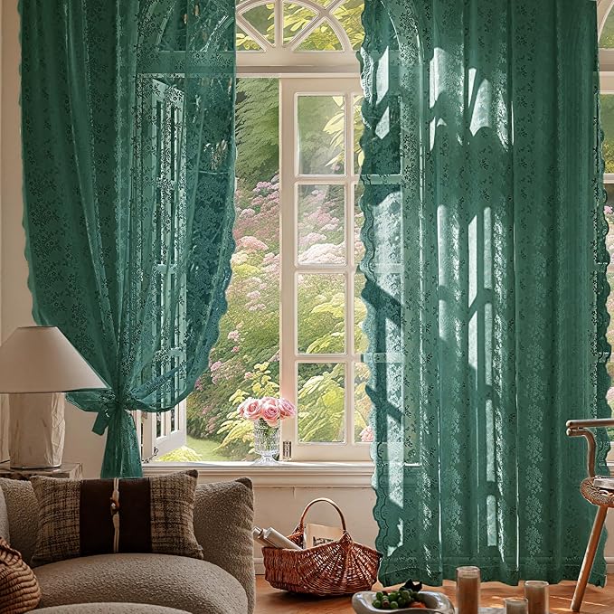 Anmao Vintage Lace Curtains 102 Inches Long 2 Panels, Romantic Semi Sheer Floral Lacy Curtain for Living Room, Elegant Window Drapes for Bedroom, Each Panel 55W x 102L, Turquoise