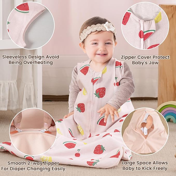 PHF Soft Baby Sleep Sack 0-6 Months 100% Organic Cotton Wearable Blanket, 2-Way Zipper 0.5 TOG Toddler Sleeping Sack 3 Pack, Comfy Sleep Bag for Baby Boys Girls, Lemon (Small)