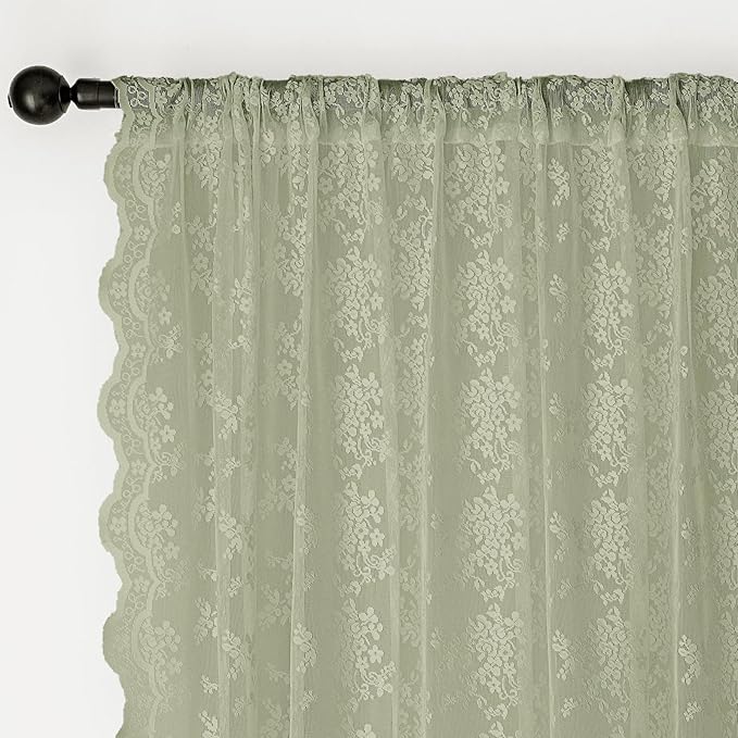Anmao Vintage Lace Curtains 96 Inches Long 2 Panels Set, Romantic Elegant Light Filtering Semi Sheer Floral Thick Lacy Curtain Drapes for Living Room and Bedroom, Each Panel 55W x 96L, Dry Grass Green