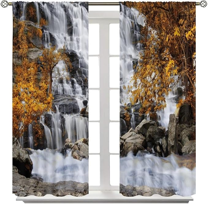 Autumn Tree Leaf Blackout Curtains, Landscape Nature Forest Lake Waterfall Rod Pocket Window Drapes, for Bedroom Living Room 42" W X 54" L