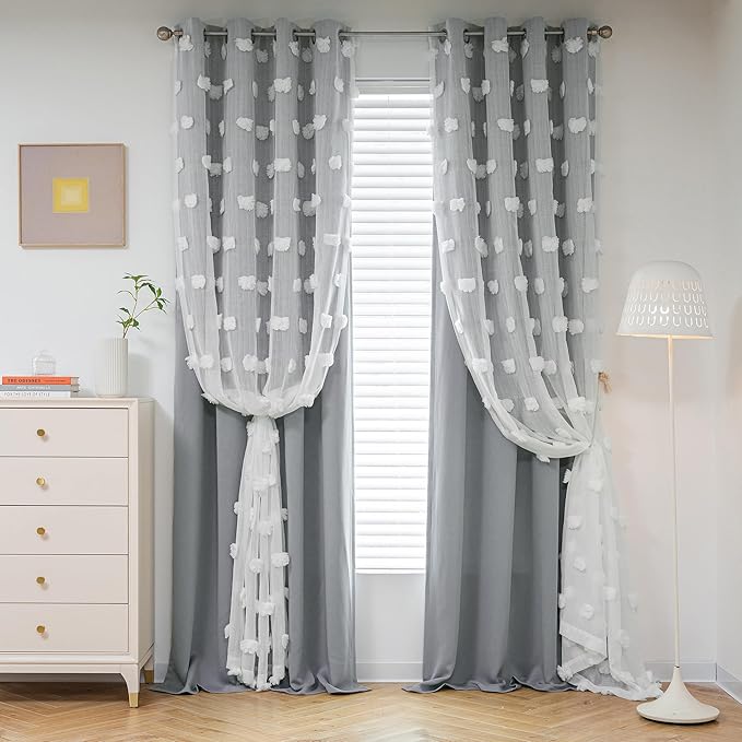 MYSKY HOME Grey Curtains for Bedroom 72 Inches Long Blackout Curtains Pom Pom White Sheer Curtains for Boys Room Double Layer for Toddler Bedroom Grommet Room Darkening Window Panels 52 x 72 Inch