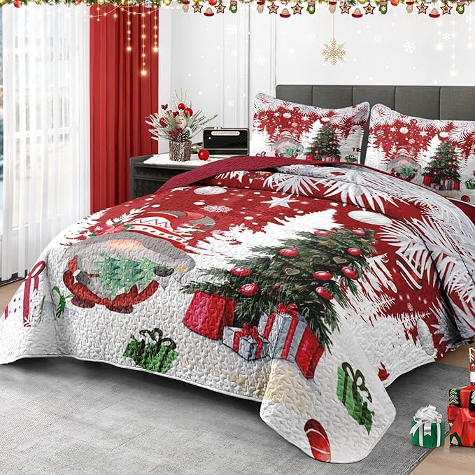 Christmas King Size Quilt Set, Cute Gnome Lightweight Bedspread Coverlet with Pillow Shams for Kids and Adults, Merry Xmas 3 Pcs Bedding Bed Cover