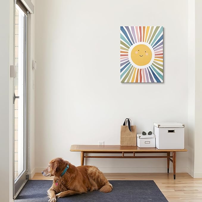 XWELLDAN Cute Cartoon Smiling Sun Cheerful Nursery Wall Art Canvas Prints, Boho Watercolor Neutral Sun Sunshine Wall Art Decor for Kids Baby Bedroom Nursery Playroom, 11 x 14 Inch, Framed