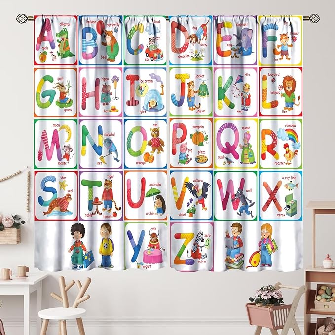 Kids Alphabet Curtains Cartoon Animal Funny Education Learning Curtain with Rod Pocket for Bedroom Nursery Children Toddler Decor Drapes Window Treatments 2 Panels Set 84" W X 84" L