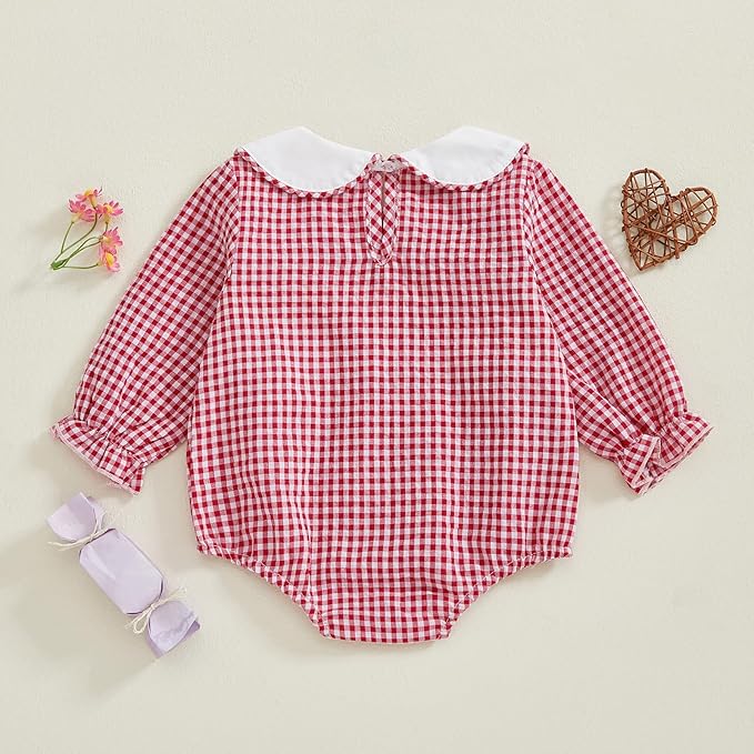 Amiblvowa Baby Girl Valentines Day Outfit Embroidery Love Heart Smocked Bubble Romper Bodysuit Cute Infant Newborn Clothes