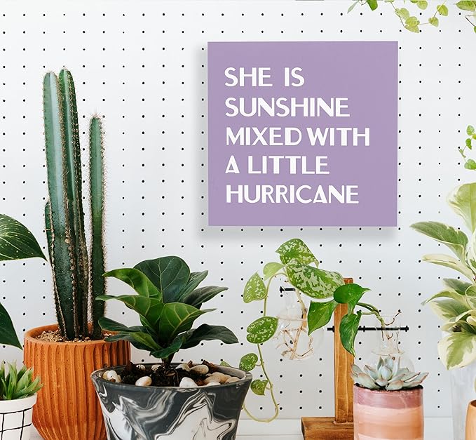 SRADMO She Is Sunshine Mixed with a Little Hurricane Boho Purple Wood Box Sign Desk Decor, Baby Girls Inspirational Wooden Box Decor for Girls Room Nursery Shelf Table Decoration, 8x8 Inches