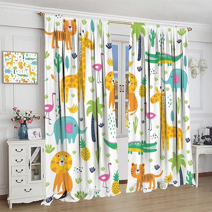 Kids Animals Blackout Curtains Cartoon Cute Abstract Fun Tropical Animals Art Printed for Children Girls Boys Bedroom Nursery Rod Pocket Decoration Window Drapes 2 Panels W21xL45in
