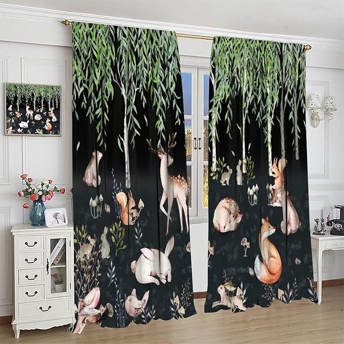 Forest Animal Curtains, Watercolor Cartoon Woodland Plants Animals Bears Moose Mushrooms Printed Curtains for Kids Boys and Girls Bedroom Window Drapes 52x84in, Style-9