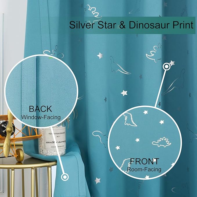 LORDTEX Dinosaur and Star Foil Print Blackout Curtains for Kids Room - Thermal Insulated Curtains Noise Reducing Window Drapes for Boys and Girls Bedroom, 52 x 63 Inch, Teal, Set of 2 Panels