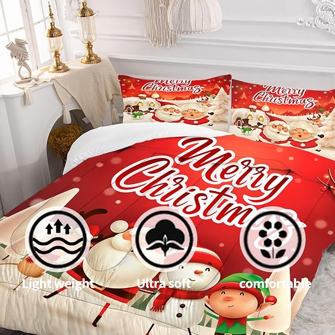 Christmas Bedding Sets Xmas Santa Gnomes Comforter Sets Full Size for Kids Boys Girls Bedroom Snowing Santa Claus Quilt,1 Comforter + 2 Pillow Cases