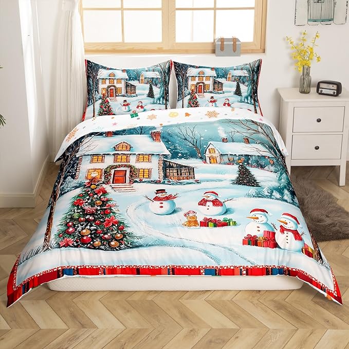 Manfei Christmas Duvet Cover Set King Size, Cute Snowman Xmas Tree Bedding Set for Kids Boy Girls Room Decor, New Year Theme Comforter Cover, Lightweight Bedspread Cover, 2 Pillowcases, No Comforter