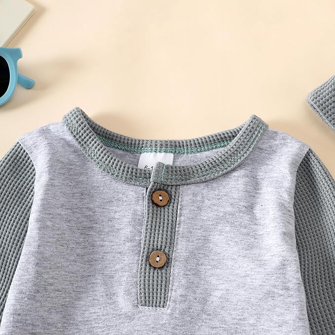 Baby Boys Girls 3PCS Waffle Knit Outfit Set, Long Sleeve Romper+Drawstring Elastic Pants+Hat for 0-24Months